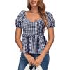 imageLYANER Womens V Neck Ruffle Hem Shirred Back Puff Short Sleeve Peplum Top BlouseNavy Blue