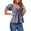 imageLYANER Womens V Neck Ruffle Hem Shirred Back Puff Short Sleeve Peplum Top BlouseNavy Blue