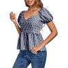 imageLYANER Womens V Neck Ruffle Hem Shirred Back Puff Short Sleeve Peplum Top BlouseNavy Blue