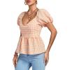 imageLYANER Womens V Neck Ruffle Hem Shirred Back Puff Short Sleeve Peplum Top BlouseOrange Plaid