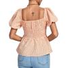 imageLYANER Womens V Neck Ruffle Hem Shirred Back Puff Short Sleeve Peplum Top BlouseOrange Plaid