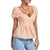 imageLYANER Womens V Neck Ruffle Hem Shirred Back Puff Short Sleeve Peplum Top BlouseOrange Plaid