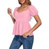 imageLYANER Womens V Neck Ruffle Hem Shirred Back Puff Short Sleeve Peplum Top BlousePink