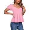 imageLYANER Womens V Neck Ruffle Hem Shirred Back Puff Short Sleeve Peplum Top BlousePink