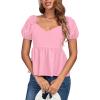 imageLYANER Womens V Neck Ruffle Hem Shirred Back Puff Short Sleeve Peplum Top BlousePink