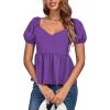 imageLYANER Womens V Neck Ruffle Hem Shirred Back Puff Short Sleeve Peplum Top BlousePurple
