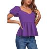 imageLYANER Womens V Neck Ruffle Hem Shirred Back Puff Short Sleeve Peplum Top BlousePurple