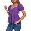 imageLYANER Womens V Neck Ruffle Hem Shirred Back Puff Short Sleeve Peplum Top BlousePurple