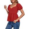 imageLYANER Womens V Neck Ruffle Hem Shirred Back Puff Short Sleeve Peplum Top BlouseRed