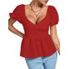 imageLYANER Womens V Neck Ruffle Hem Shirred Back Puff Short Sleeve Peplum Top BlouseRed