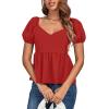 imageLYANER Womens V Neck Ruffle Hem Shirred Back Puff Short Sleeve Peplum Top BlouseRed