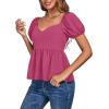 imageLYANER Womens V Neck Ruffle Hem Shirred Back Puff Short Sleeve Peplum Top BlouseRose