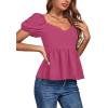imageLYANER Womens V Neck Ruffle Hem Shirred Back Puff Short Sleeve Peplum Top BlouseRose