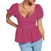 imageLYANER Womens V Neck Ruffle Hem Shirred Back Puff Short Sleeve Peplum Top BlouseRose