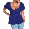 imageLYANER Womens V Neck Ruffle Hem Shirred Back Puff Short Sleeve Peplum Top BlouseRoyal Blue