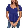 imageLYANER Womens V Neck Ruffle Hem Shirred Back Puff Short Sleeve Peplum Top BlouseRoyal Blue