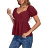 imageLYANER Womens V Neck Ruffle Hem Shirred Back Puff Short Sleeve Peplum Top BlouseWine Red
