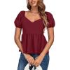 imageLYANER Womens V Neck Ruffle Hem Shirred Back Puff Short Sleeve Peplum Top BlouseWine Red