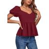 imageLYANER Womens V Neck Ruffle Hem Shirred Back Puff Short Sleeve Peplum Top BlouseWine Red