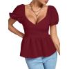imageLYANER Womens V Neck Ruffle Hem Shirred Back Puff Short Sleeve Peplum Top BlouseWine Red