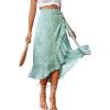 imageLYANER Womens Boho Floral Print Wrap Front Self Tie Knot Ruffle Hem Split Midi SkirtGreen  White