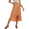 imageLYANER Womens Boho Floral Print Wrap Front Self Tie Knot Ruffle Hem Split Midi SkirtOrange