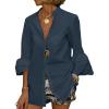 imageLYANER Womens Flare Long Sleeve Stand Collar Button Down Blouse Shirt TopDark Blue