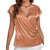 imageLYANER Womens Satin Silk Wrap V Neck Cap Sleeve Elegant Workwear Blouse Shirt TopBrown
