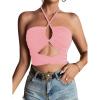 imageLYANER Womens Sexy Halter Ruched Criss Cross Cut Out Sleeveless Tie Back Cami Crop TopsLight Pink