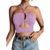 imageLYANER Womens Sexy Halter Ruched Criss Cross Cut Out Sleeveless Tie Back Cami Crop TopsLight Purple