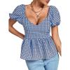 imageLYANER Womens V Neck Ruffle Hem Shirred Back Puff Short Sleeve Peplum Top BlouseBlue White