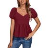 imageLYANER Womens V Neck Ruffle Hem Shirred Back Puff Short Sleeve Peplum Top BlouseWine Red