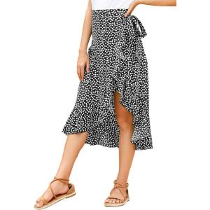 imageLYANER Womens Boho Floral Print Wrap Front Self Tie Knot Ruffle Hem Split Midi SkirtBlack
