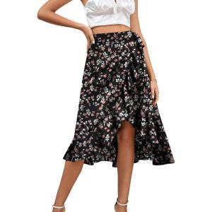 imageLYANER Womens Boho Floral Print Wrap Front Self Tie Knot Ruffle Hem Split Midi SkirtBlackred