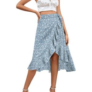 imageLYANER Womens Boho Floral Print Wrap Front Self Tie Knot Ruffle Hem Split Midi SkirtBlue a