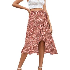 imageLYANER Womens Boho Floral Print Wrap Front Self Tie Knot Ruffle Hem Split Midi SkirtBrickwhite