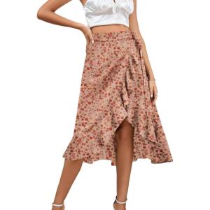 imageLYANER Womens Boho Floral Print Wrap Front Self Tie Knot Ruffle Hem Split Midi SkirtDusty Pink