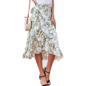 imageLYANER Womens Boho Floral Print Wrap Front Self Tie Knot Ruffle Hem Split Midi SkirtGreen Leaves