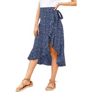 imageLYANER Womens Boho Floral Print Wrap Front Self Tie Knot Ruffle Hem Split Midi SkirtNavy