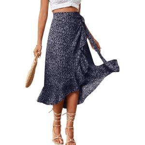 imageLYANER Womens Boho Floral Print Wrap Front Self Tie Knot Ruffle Hem Split Midi SkirtNavywhite