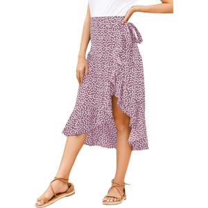 imageLYANER Womens Boho Floral Print Wrap Front Self Tie Knot Ruffle Hem Split Midi SkirtPink