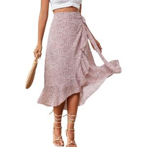 imageLYANER Womens Boho Floral Print Wrap Front Self Tie Knot Ruffle Hem Split Midi SkirtPinkwhite
