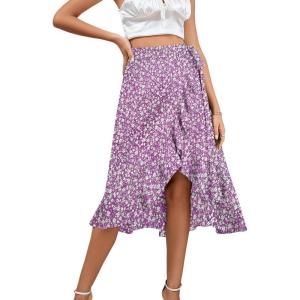 imageLYANER Womens Boho Floral Print Wrap Front Self Tie Knot Ruffle Hem Split Midi SkirtPurple Flower