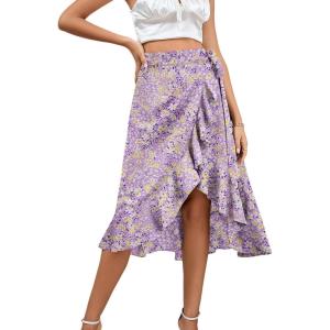 imageLYANER Womens Boho Floral Print Wrap Front Self Tie Knot Ruffle Hem Split Midi SkirtPurple a