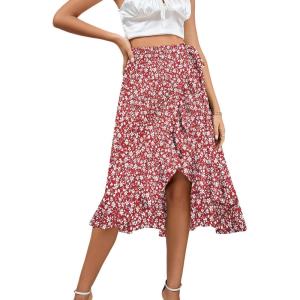 imageLYANER Womens Boho Floral Print Wrap Front Self Tie Knot Ruffle Hem Split Midi SkirtRed Flower