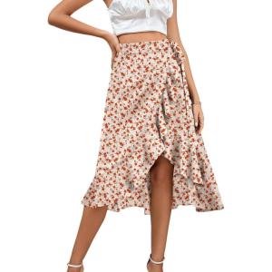 imageLYANER Womens Boho Floral Print Wrap Front Self Tie Knot Ruffle Hem Split Midi SkirtWhitered