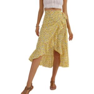 imageLYANER Womens Boho Floral Print Wrap Front Self Tie Knot Ruffle Hem Split Midi SkirtYellow