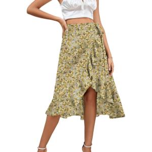 imageLYANER Womens Boho Floral Print Wrap Front Self Tie Knot Ruffle Hem Split Midi SkirtYellowgreen