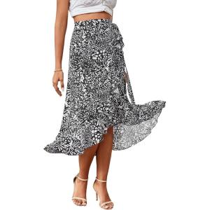 imageLYANER Womens Boho Floral Print Wrap Front Self Tie Knot Ruffle Hem Split Midi SkirtZebra Black