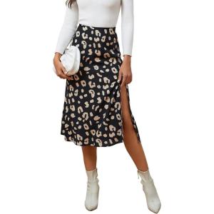 imageLYANER Womens Casual Boho Printed High Waist Side Split Hem Zipper Midi SkirtBlack